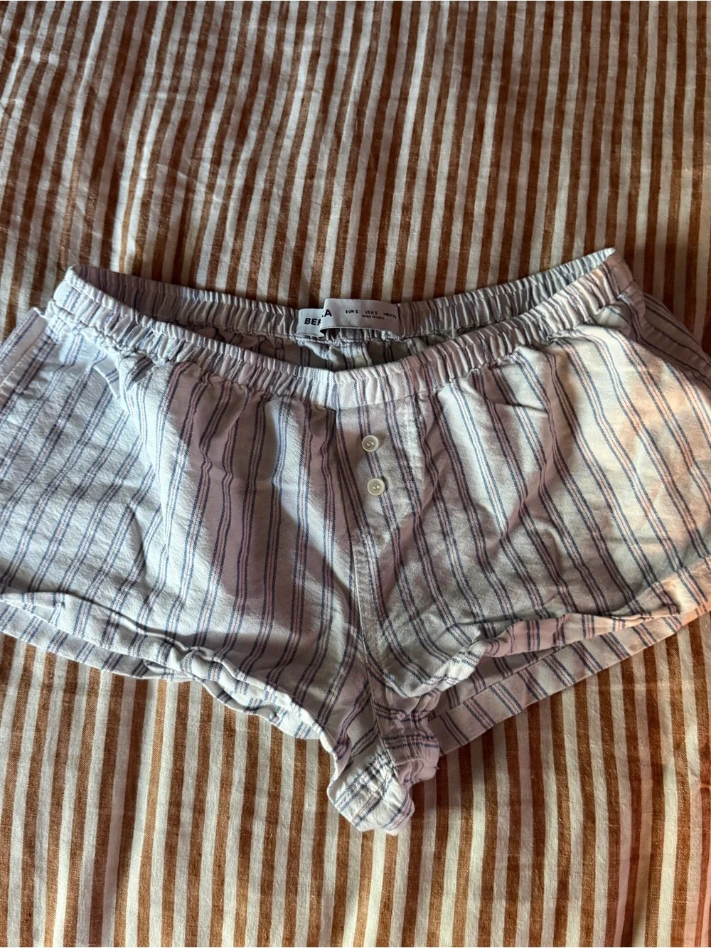 Bershka White & Blue Striped Cotton Sleep Shorts